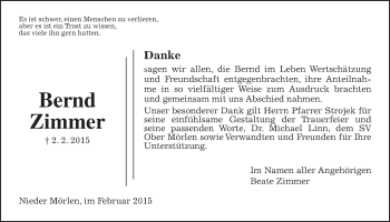 Traueranzeige von Bernd Zimmer von Wetterauer Zeitung, Wetterauer Zeitung