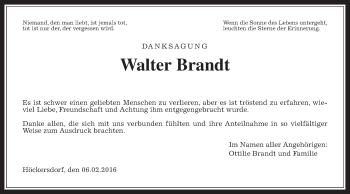 Traueranzeige von Walter Brandt von Alsfelder Allgemeine
