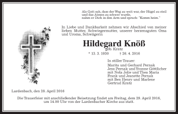 Traueranzeige von Hildegard Knöß von Gießener Allgemeine, Alsfelder Allgemeine