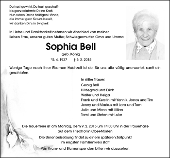 Traueranzeige von Sophia Bell von Wetterauer Zeitung, Wetterauer Zeitung