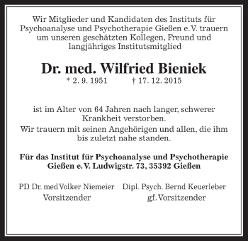 Traueranzeige von Wilfried Bieniek von Gießener Allgemeine, Alsfelder Allgemeine