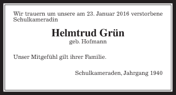 Traueranzeige von Helmtrud Grün von Wetterauer Zeitung, Wetterauer Zeitung