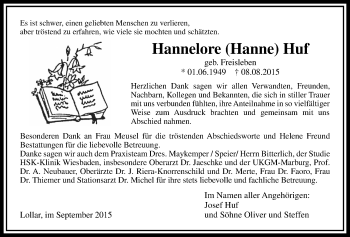 Traueranzeige von Hannelore  Huf von Gießener Allgemeine, Alsfelder Allgemeine