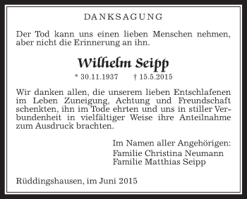 Traueranzeige von Wilhelm Seipp von Gießener Allgemeine, Alsfelder Allgemeine