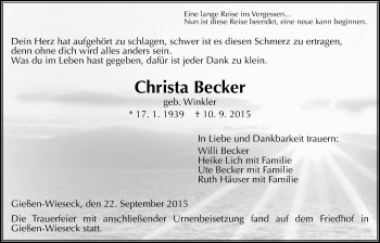 Traueranzeige von Christa Becker von Gießener Allgemeine, Alsfelder Allgemeine
