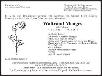 Traueranzeige von Waltraud Menges von Gießener Allgemeine, Alsfelder Allgemeine