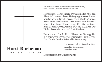 Traueranzeige von Horst Buchenau von Alsfelder Allgemeine