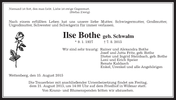 Traueranzeige von Ilse Bothe von Gießener Allgemeine, Alsfelder Allgemeine