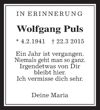 Traueranzeige von Wolfgang Puls von Gießener Allgemeine, Alsfelder Allgemeine