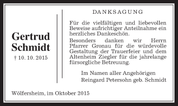 Traueranzeige von Gertrud Schmidt von Wetterauer Zeitung, Wetterauer Zeitung