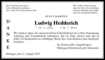 Traueranzeige von Ludwig Hedderich von Alsfelder Allgemeine