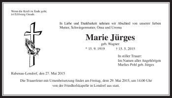 Traueranzeige von Marie Jürges von Gießener Allgemeine, Alsfelder Allgemeine