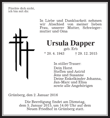 Traueranzeige von Ursula Dapper von Gießener Allgemeine, Alsfelder Allgemeine