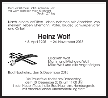 Traueranzeige von Heinz Wolf von Wetterauer Zeitung, Wetterauer Zeitung