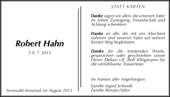 Traueranzeige von Robert Hahn von Gießener Allgemeine, Alsfelder Allgemeine