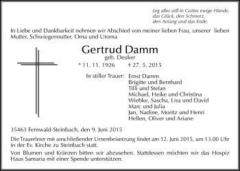 Traueranzeige von Gertrud Damm von Gießener Allgemeine, Alsfelder Allgemeine