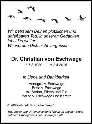Traueranzeige von Christian von Eschwege von Wetterauer Zeitung, Wetterauer Zeitung