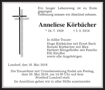Traueranzeige von Anneliese Körbächer von Gießener Allgemeine, Alsfelder Allgemeine