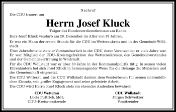 Traueranzeige von Josef Kluck von Wetterauer Zeitung, Wetterauer Zeitung