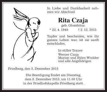 Traueranzeige von Rita Czaja von Wetterauer Zeitung, Wetterauer Zeitung