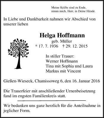 Traueranzeige von Helga Hoffmann von Gießener Allgemeine, Alsfelder Allgemeine