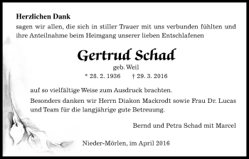 Traueranzeige von Getrud Schad von Wetterauer Zeitung, Wetterauer Zeitung