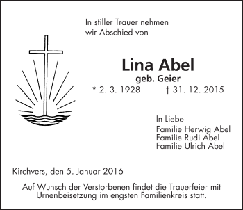 Traueranzeige von Lina Abel von Gießener Allgemeine, Alsfelder Allgemeine