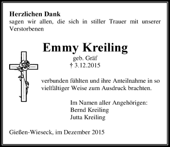 Traueranzeige von Emmy Kreiling von Gießener Allgemeine, Alsfelder Allgemeine