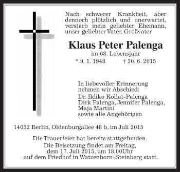 Traueranzeige von Klaus Peter Palenga von Gießener Allgemeine, Alsfelder Allgemeine