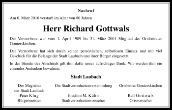 Traueranzeige von Richard Gottwals von Laubacher Anzeiger, Heimatzeitung Grünberg + Laubach, Laubacher Anzeiger