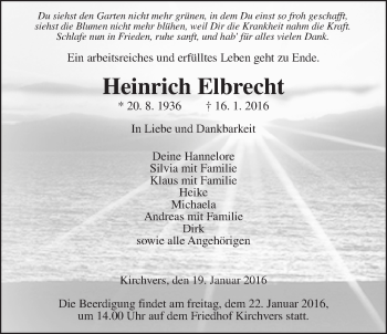 Traueranzeige von Heinrich Elbrecht von Gießener Allgemeine, Alsfelder Allgemeine