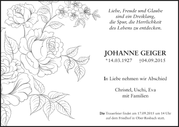 Traueranzeige von Johanne Geiger von Wetterauer Zeitung, Wetterauer Zeitung