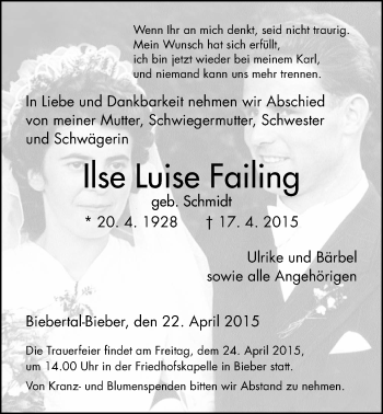 Traueranzeige von Ilse Luise Failing von Gießener Allgemeine, Alsfelder Allgemeine