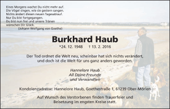 Traueranzeige von Burkhard Hub von Wetterauer Zeitung, Wetterauer Zeitung