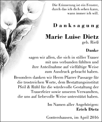 Traueranzeige von Marie Luise Dietz von Alsfelder Allgemeine