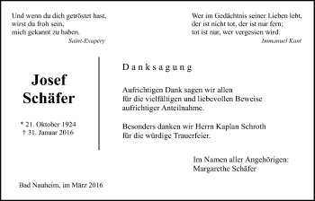 Traueranzeige von Josef Schäfer von Wetterauer Zeitung, Wetterauer Zeitung
