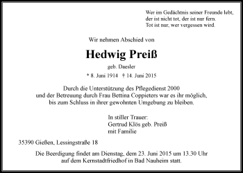Traueranzeige von Hedwig Preiß von Wetterauer Zeitung, Wetterauer Zeitung