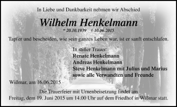 Traueranzeige von Wilhelm Henkelmann von Gießener Allgemeine, Alsfelder Allgemeine