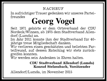 Traueranzeige von Georg Vogel von Allendorfer Mitteilungen