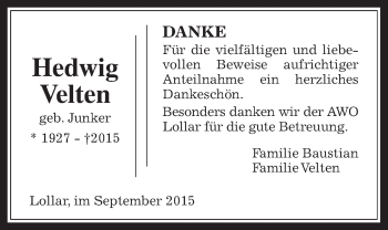 Traueranzeige von Hedwig Velten von Gießener Allgemeine, Alsfelder Allgemeine