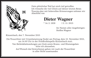 Traueranzeige von Dieter Wagner von Gießener Allgemeine, Alsfelder Allgemeine