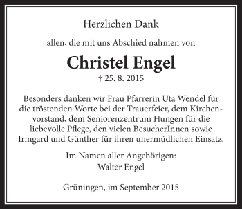 Traueranzeige von Christel Engel von Licher Wochenblatt, Licher Wochenblatt, Licher Wochenblatt