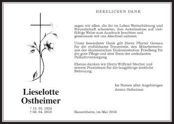Traueranzeige von Lieselotte Ostheimer von Wetterauer Zeitung, Wetterauer Zeitung