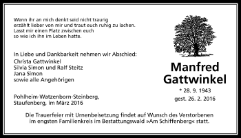 Traueranzeige von Manfred Gattwinkel von Gießener Allgemeine, Alsfelder Allgemeine