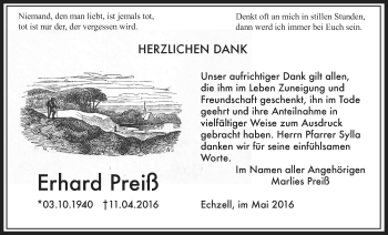 Traueranzeige von Erhard Preiß von Wetterauer Zeitung, Wetterauer Zeitung
