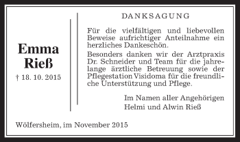 Traueranzeige von Emma Rieß von Wetterauer Zeitung, Wetterauer Zeitung
