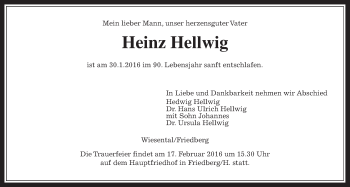 Traueranzeige von Heinz Hellwig von Wetterauer Zeitung, Wetterauer Zeitung