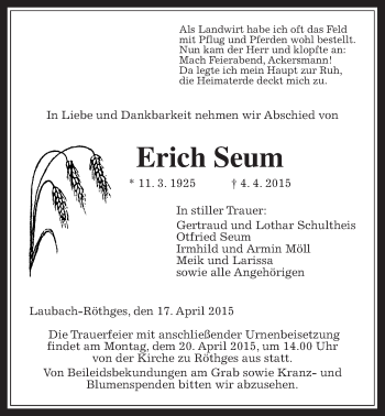 Traueranzeige von Erich Seum von Gießener Allgemeine, Alsfelder Allgemeine