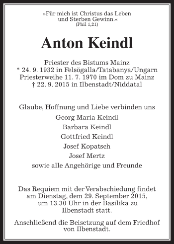 Traueranzeige von Anton Keindl von Wetterauer Zeitung, Wetterauer Zeitung