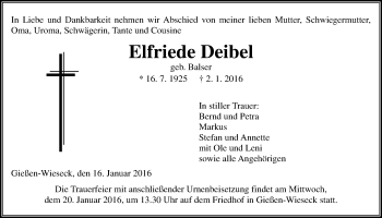 Traueranzeige von Elfriede Deibel von Gießener Allgemeine, Alsfelder Allgemeine